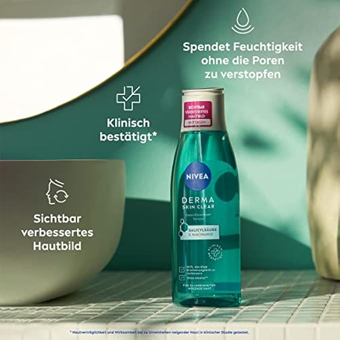 Nivea DERMA SKIN CLEAR FACE TONIC (200 ML), MOISTURIZING TONER FOR VISIBLE IMPROVEMENT OF SKIN APPEARANCE, FACE TONIC WITH SALICYLIC ACID AND NIACINAMIDE - Image 2